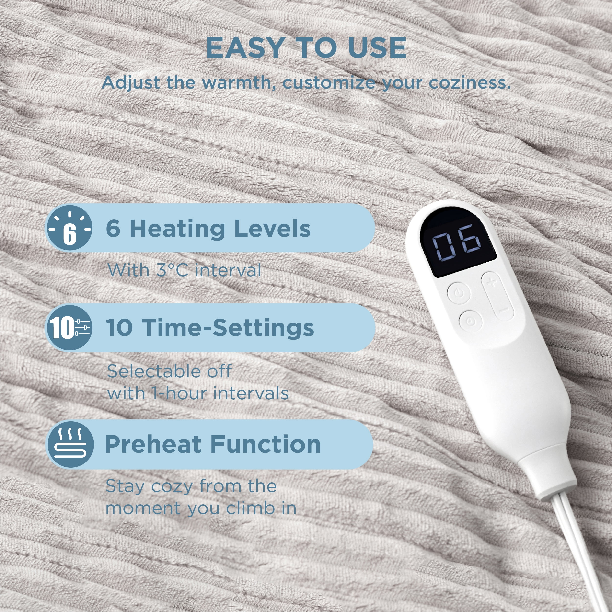 Cozy Comfort Heated Blanket Electric Twin - Soft Ribbed Flannel, Fast Heating Electric Blanket with 6 Heating Levels & 10 Time Settings, 8 Hours Auto-Off (62x84 inches, Cream)