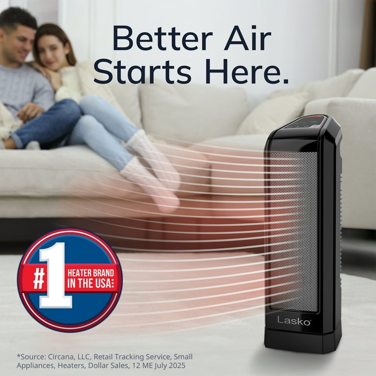 Lasko Ceramic Tower Space Heater 1500 Watt, Portable w/ Thermostat, Black
