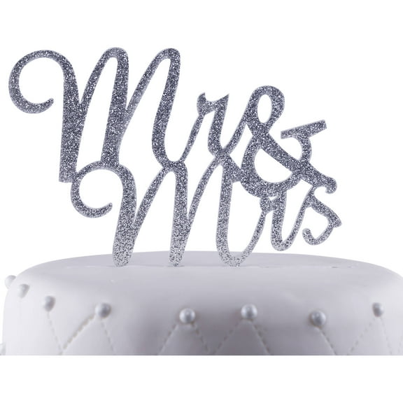 Unik Occasions "Mr. and Mrs." Script Acrylic Cake Topper, Silver Glitter