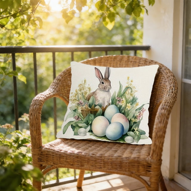Weloille Easter Pillow Cover 1.48x1.48ft 1Pc, Rabbit Egg Pattern Printed Decorative Pillowcase, Soft Polyester Cushion Cover Hidden Zipper Washable Sofa Throw Cover for Home Living Room Bedroom