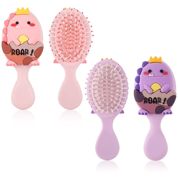 Abaima 2 Pack Toddler Hair Brush, Mini Hair Brush for Kids, Baby Detangler Brush for Straight Curly Thick Hair, Cute Travel Brush for Girls - Dinosaurs Brush with Air Cushion (Pink/Purple)