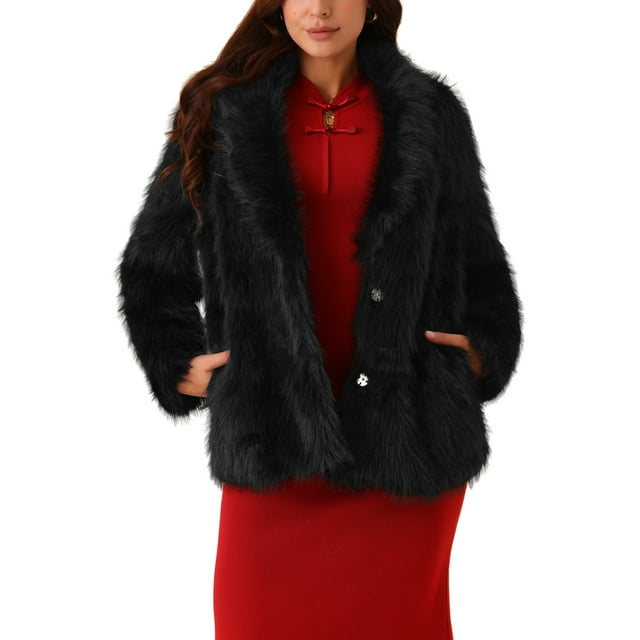 Abrigo de piel sintética de mujer INSPIRE CHIC con mangas largas, bolsillos, solapa, peludo, cálido, abrigo de invierno, chaquetas esponjosas L Negro