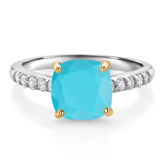 Gem Stone King 925 Sterling Silver and 10K Yellow Gold Green Turquoise and White Lab Grown Diamond Engagement Ring for Women (2.20 Cttw, Cushion 8MM, Gemstone Birthstone, Size 7)