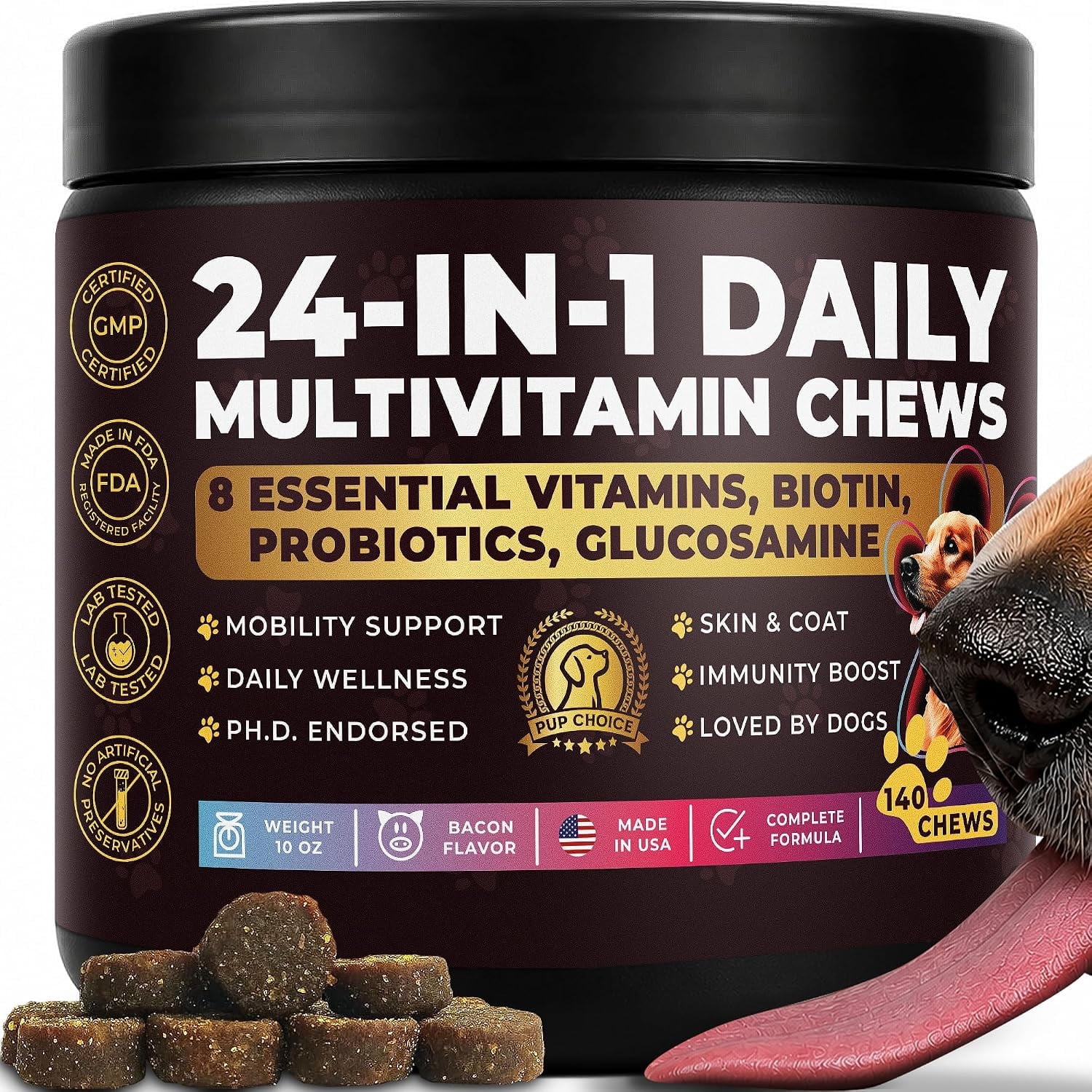 Pup Choice 24-in-1 Multivitamin Chews for Dogs with Glucosamine, Omega-3 & Probiotics – Supports Joint Health, Skin & Coat, Beef Flavor, 140 Count