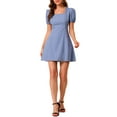 thumbnail image 5 of INSPIRE CHIC Women's Square Neck Puff Short Sleeve Elastic Cuff a Line Mini Dress L Gray Blue, 5 of 7