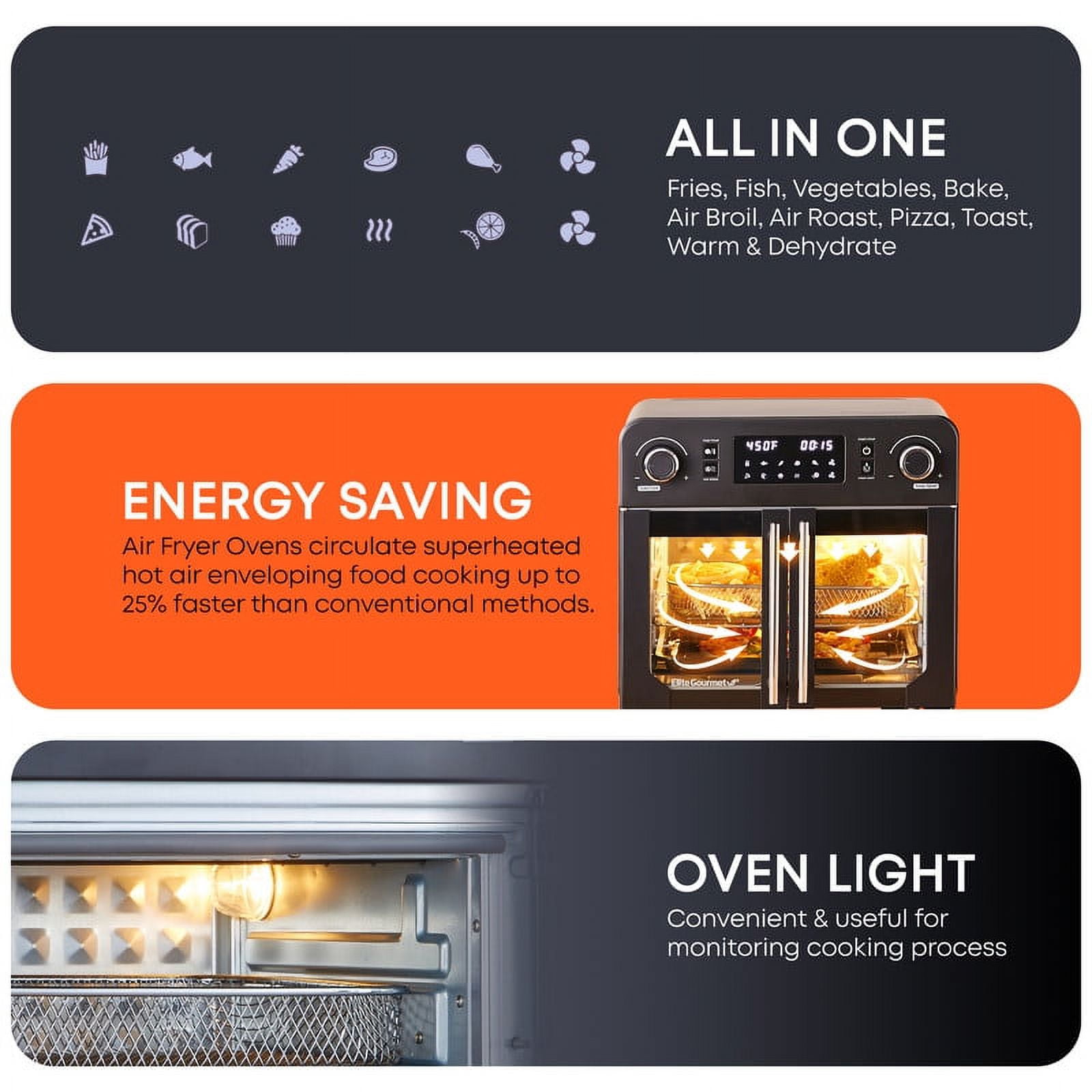 Elite Gourmet French Door 23 L Air Fryer Oven, Black - Programmable