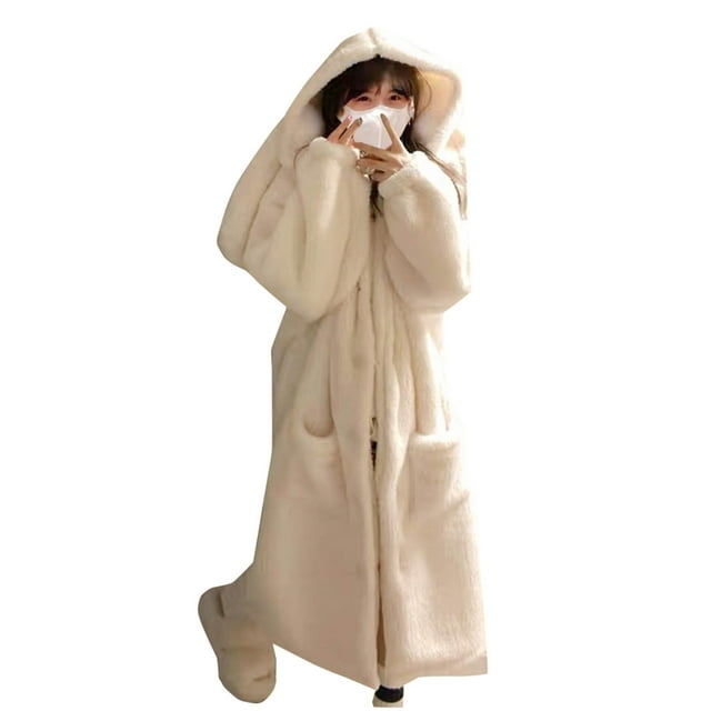 Penkiiy Robe Longue à Capuche pour Femmes, Peignoirs à Boutons, Mignonne Robe de Chambre, Peignoirs Doux et Chauds pour Femmes, m Blanc