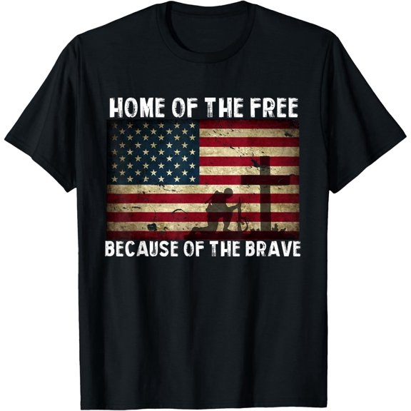 Patriotic American Flag T-Shirt Home of the Free Because of the Brave Distressed Military Veteran Memorial Day Tee Men Women Unisex Short Sleeve Top