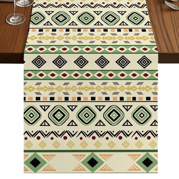 Table Runners 60 Inches Long Dress Scarves, Beige Green Boho Farmhouse Kitchen/Dining Table Runner, Small Coffee Tablerunners, Vintage Ethnic Tribe Abstract Art 13x60 Inch