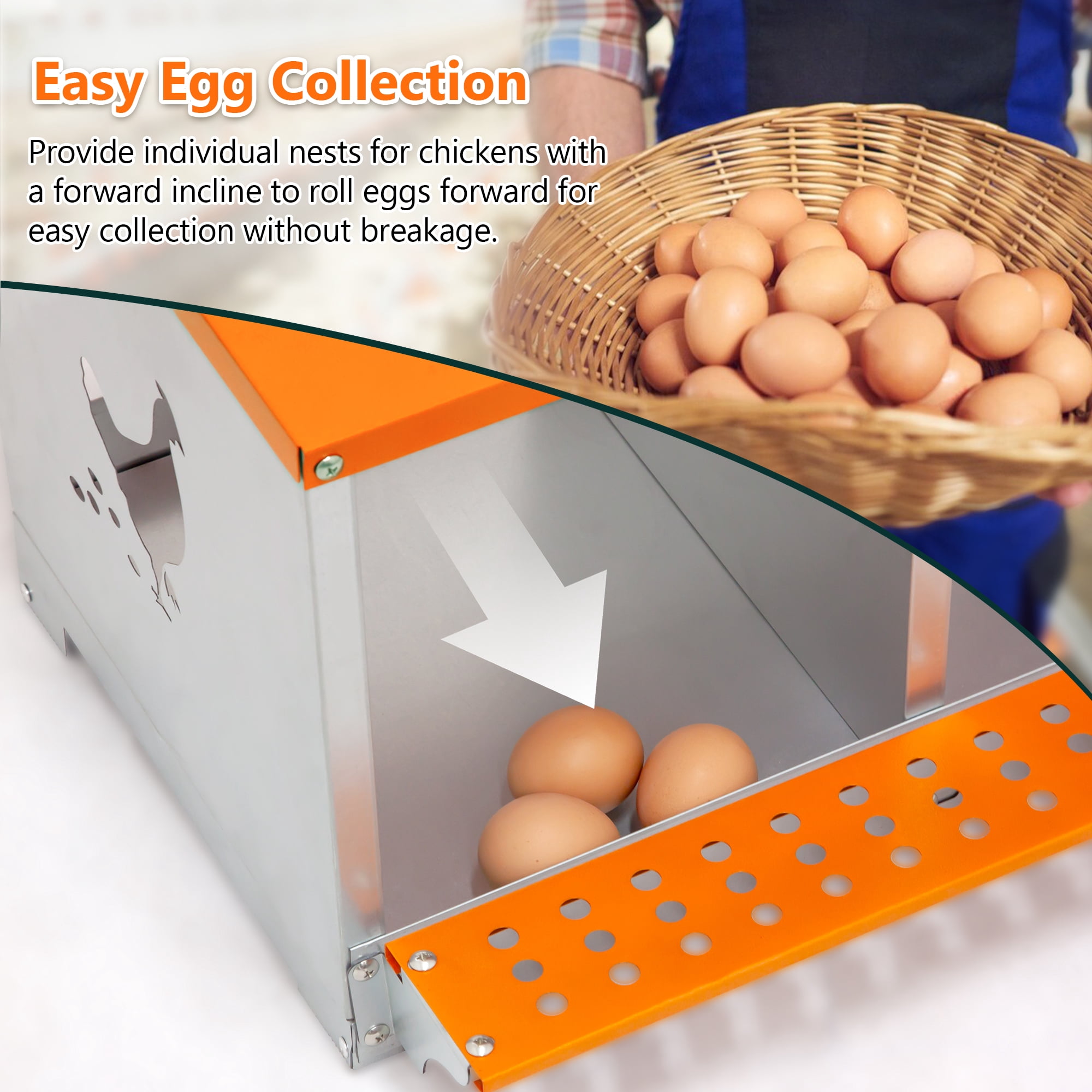 4-Bay Wall Mount Metal Nest Box for Hens Ducks, Orange Galvanized Steel Poultry Coop Equipment with Vented Design & Coconut Fiber Pad, Easy Egg Collection & Assembly