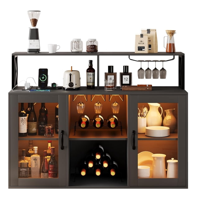 QinaQin Wine Bar Cabinet with Power Outlets and LED Lights, Industrial Coffee Bar Sideboard with Storage Rack