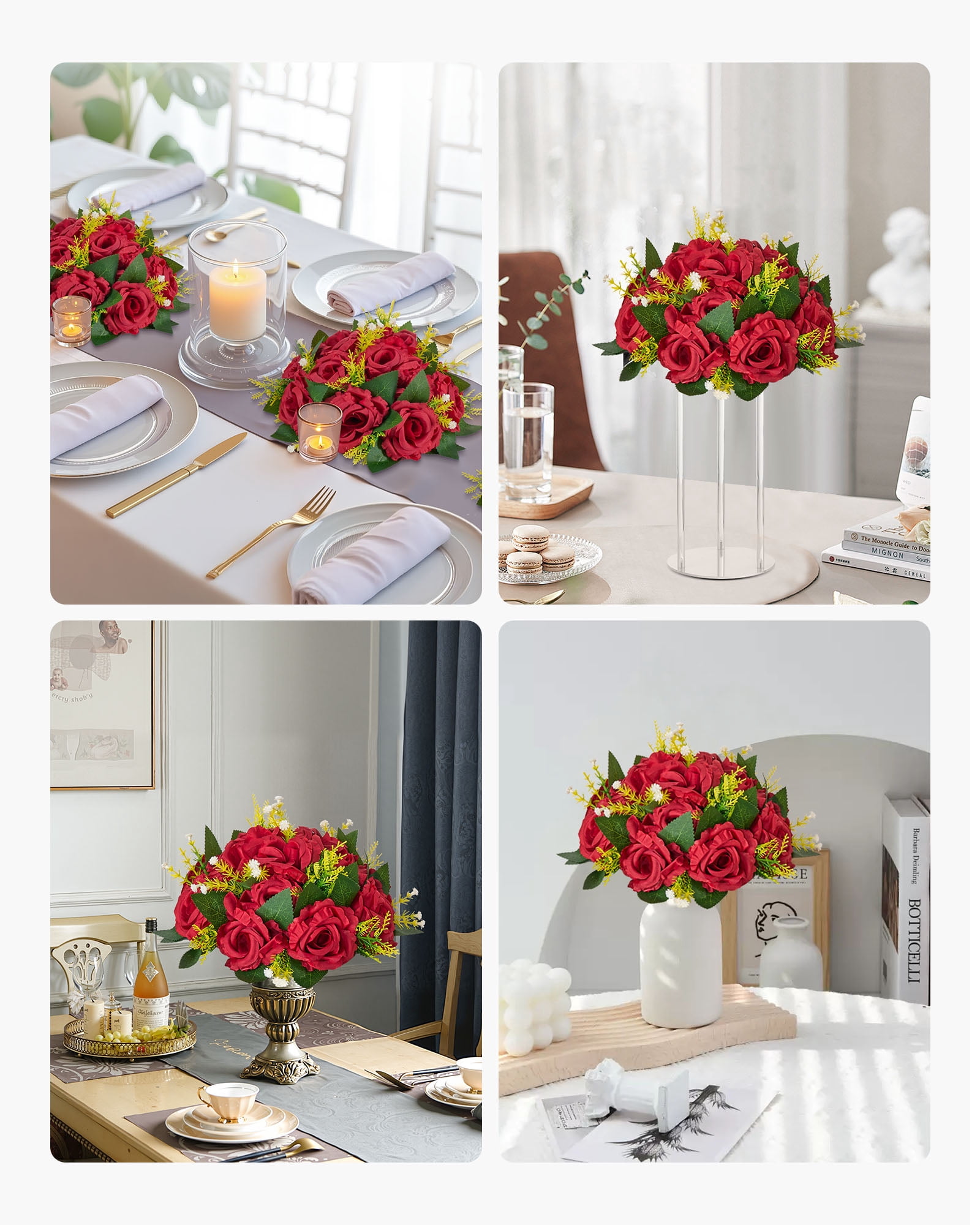 VEVOR Flower Balls Arrangement Bouquet 10 PCS, 9.5-Inch Wedding Red Roses Centerpieces, Fake Flowers Kissing Balls Decor Artificial Floral Arrangements Flower Bouquet for Home Party Table Decorations