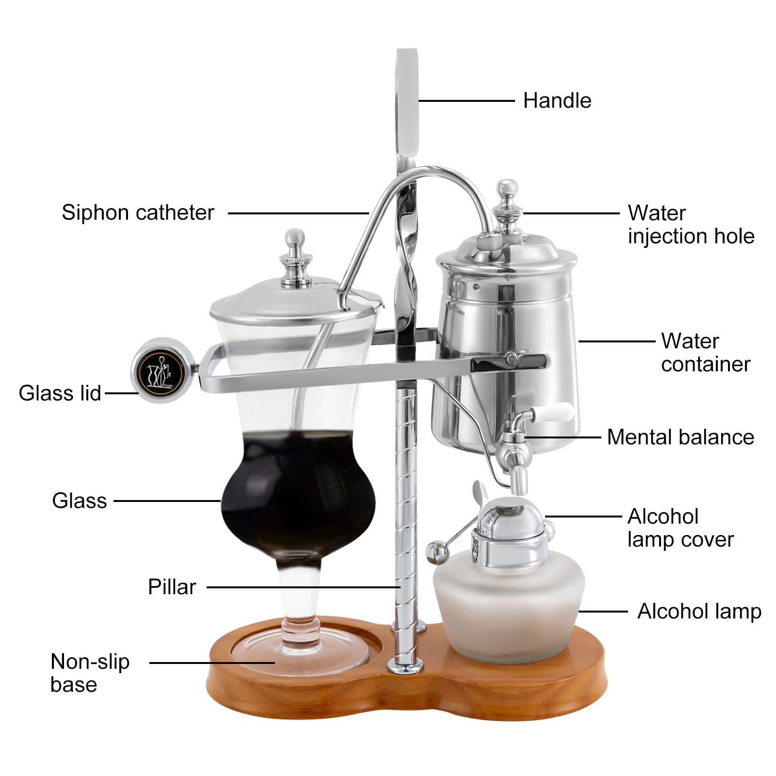 Miumaeov Luxury Vintage Siphon Coffee Maker Belgian Belgium Royal Syphon Coffee Pot Silver