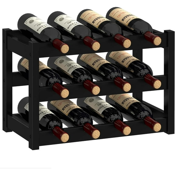 3 Tier Bamboo Wine Rack, 12 Bottles Wine Storage Shelves, Wine Racks Countertop for Pantry, Kitchen Cabinet, Black