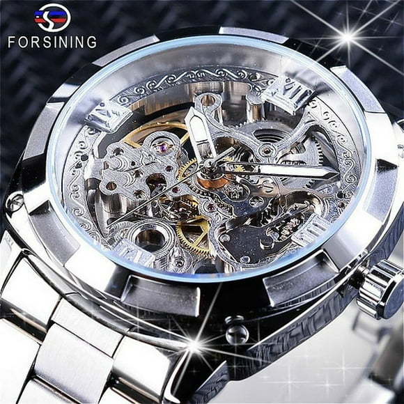 FORSINING Quality Men Skeleton Automatic Winding Mechanical Watches Gold Stainless Steel Waterproof Wristwatch Montre Uhr with Gift Box