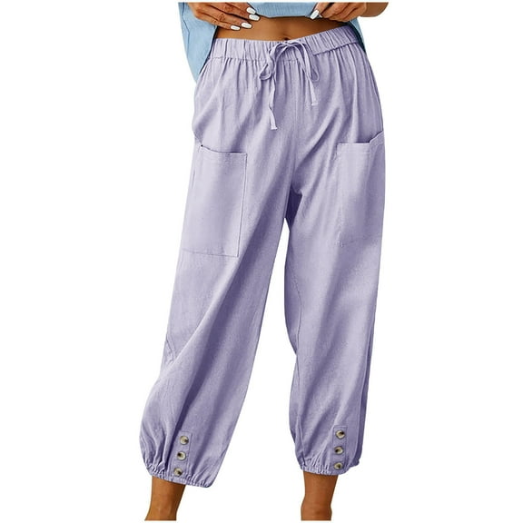 somlo Cotton Linen Pants For Women Summer Casual Loose Pants Wide Leg Pants With Button Design At The Hem,Elastic Waist Beach Palazzo Harem Pants With Big Pockets,Lightweigt,Soft