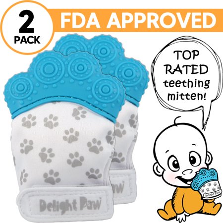 Delight Paw Baby Teething Mitten 2 Pack | Mom Designed | Self Soothing Pain Relief | Hygienic Travel Bag | Mittens BPA Free | Like Munch Mitt | Baby Boy Baby Girl | Babies 3-12 Months | Bubbly Blue