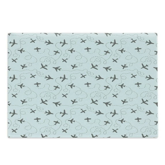 Grey Blue Cutting Board, Aeroplanes with Flight Patterns Swirled Lines Sketch Style Air Vehicles, Decorative Tempered Glass Cutting and Serving Board, Large Size, Pale Blue and Grey, by Ambesonne