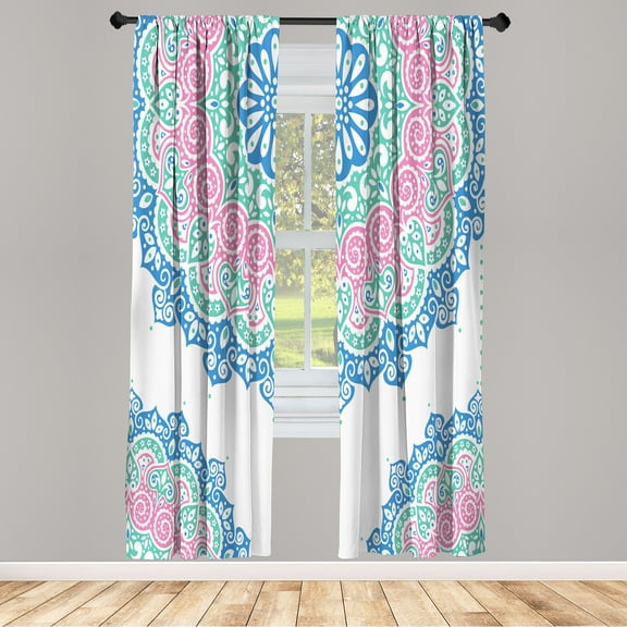 Ambesonne Oriental Curtains, Soft Colors Mandala Print, Pair of 28"x95", Azure Blue