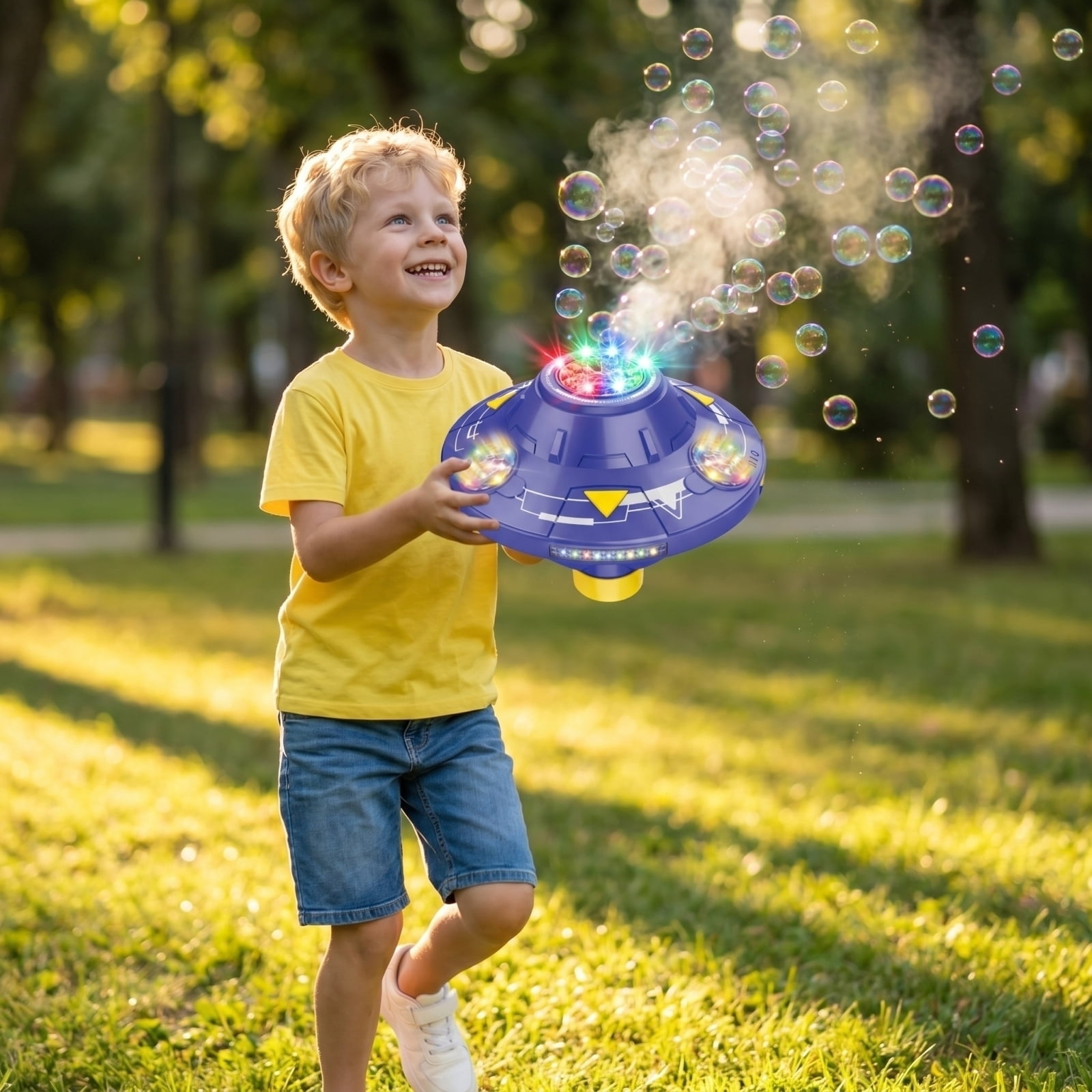 UFO Bubble Machine, Automatic Rotating Bubble Blower with LED Firework Light Effect and Obstacle Avoidance, Electric Bubble Maker with 80ml Bubble Solution for Party Event (Blue)
