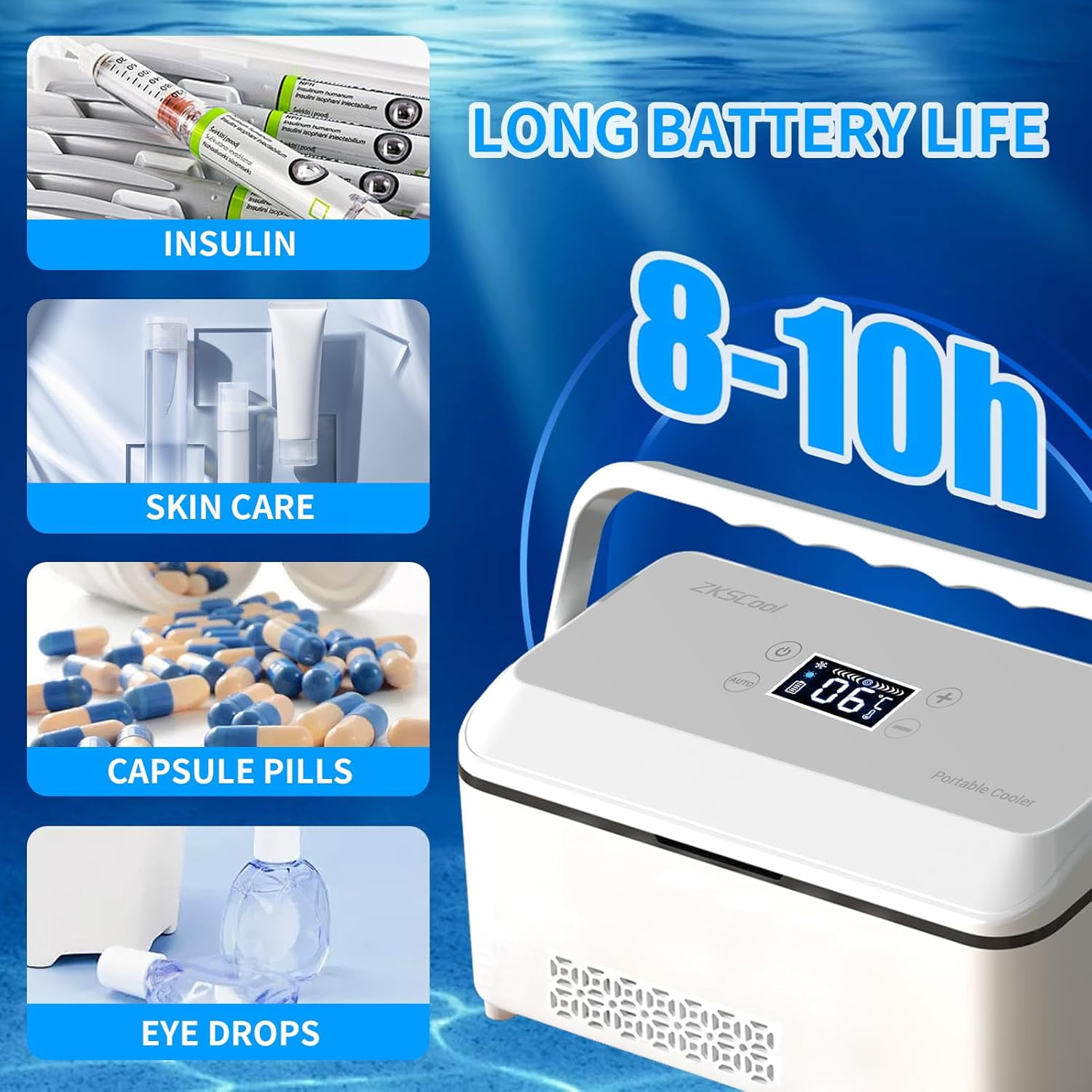 ZKSCool Portable Insulin Travel Case,13600mAh Rechargeable Battery Diabetic Box, Mini Drug Refrigerator with LCD Temp Display, Insulin Cooler Travel Box for Home & Outdoor Use