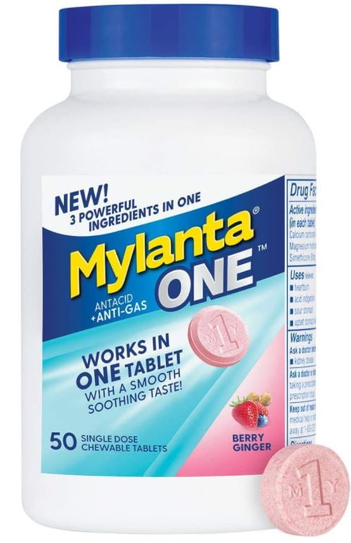 Mylanta One Chewable Antacid Tablets for Heartburn and Gas, Berry Ginger, 50 count