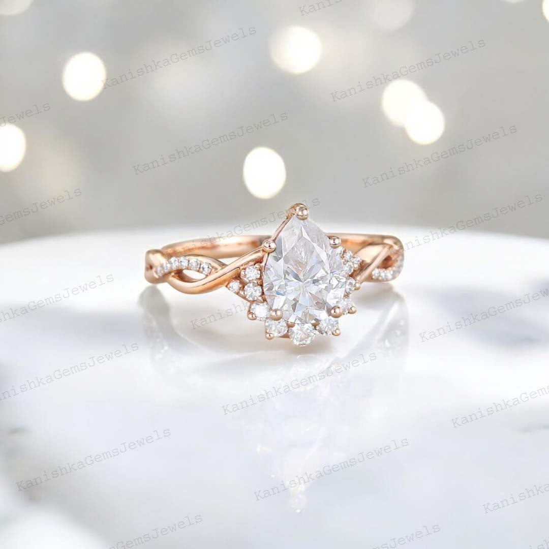 KANISHKAGEMS&JEWELS 7x5MM / 2Ct Pear Moissanite Engagement Ring CZ Diamond Twisted Women Jewelry Half Halo Proposal Ring Birthday Gift For Daughter