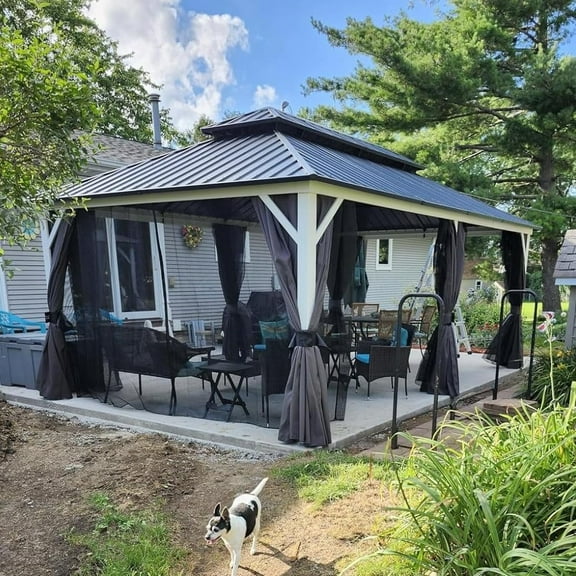 PURPLE LEAF 12' X 20' Hardtop Gazebo Outdoor Metal Double Roof Grill Gazebo White Aluminum Frame Pavilion with Curtain and Netting for Patio, Garden and Backyard, Grey