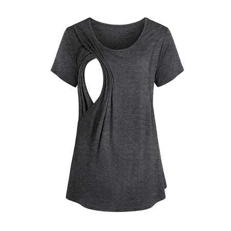 

BUIgtTklOP Shirts for Women Fashion Solid Short Sleeve Breast-Feeding Pregnant Woman Maternity Blouse Dark Gray L