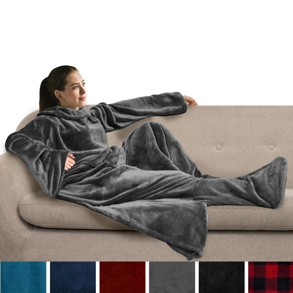 PAVILIA Fleece Blanket with Sleeves and Foot Pockets for Adult Women
