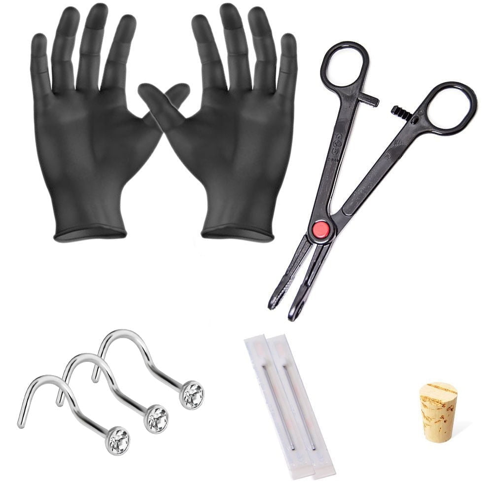 Luxe Modz Nose Piercing Kit - 20ga Nose Studs, 20ga Needles, Forceps, Large Gloves & Cork