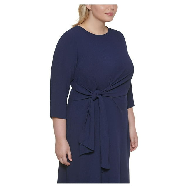 VINCE CAMUTO Robe Midi Extensible à Nouer avec Fermeture Éclair, Dos Froncé, Manches 3/4, Col Rond, Grande Taille 22W