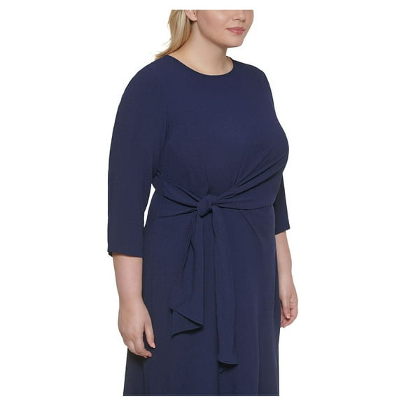 VINCE CAMUTO Robe Midi Extensible à Nouer avec Fermeture Éclair, Dos Froncé, Manches 3/4, Col Rond, Grande Taille 22W