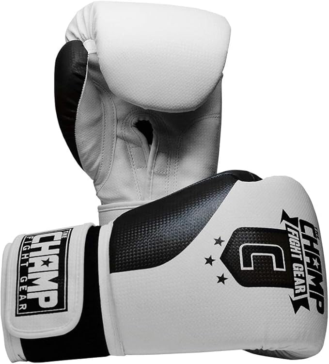 The Champ Fight Gear Alpha Series Boxing Gloves with Wrist Support for Boxing Kickboxing Muay Thai Training or Sparring Punching Bag Mitts,Black/White, 12Oz