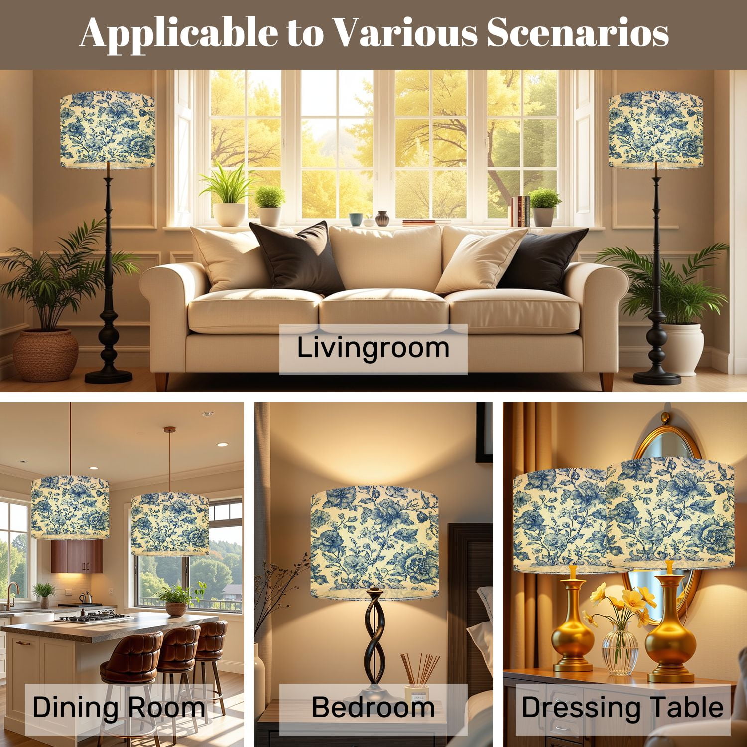 Lampshades 2 Pack Bloom Vintage floral seamless Spring flowers Blue white 13"x13"x10" Light Shade for Table Lamps Floor Lamps Drum Lamp Shades Lampshade Replacement Easy Assembly