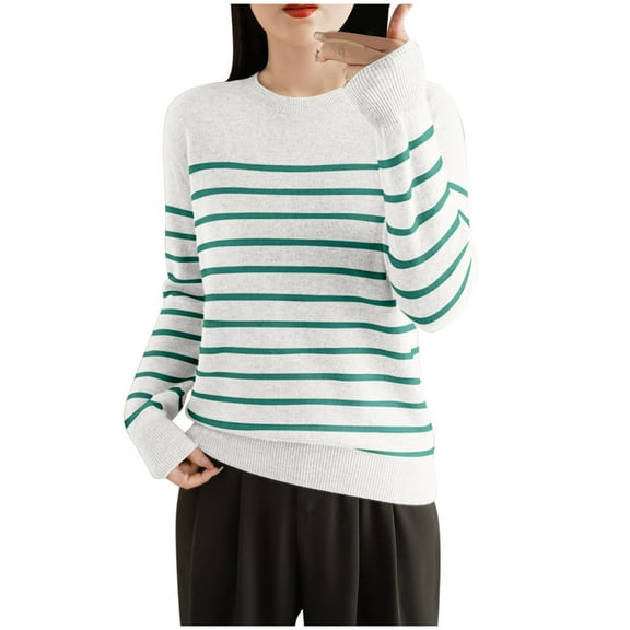 Htigea Knit Sweaters for Women Striped Long Sleeve Crewneck Pullover Casual Loose Fit Everyday Tops Green 2XL