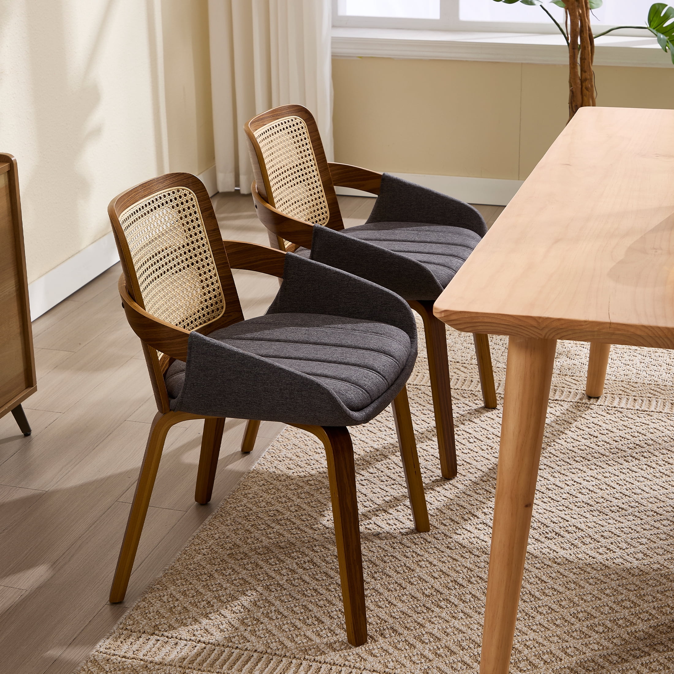 Guyou Modern Rattan Dining Chair Set of 2, Solid Wood Dining Side Chairs, Linen Upholstered Kitchen Chairs with Armrests for Kitchen Dining Room Living Room, Grey