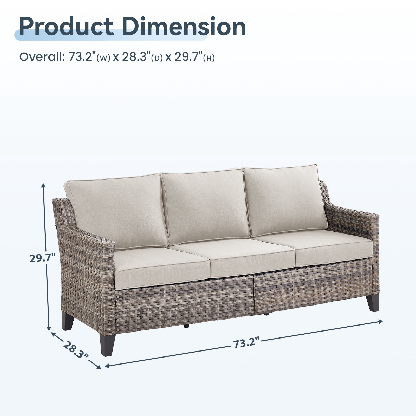 Hommoo 73.2" Outdoor Patio Sofa Couch, 3-Seat Gray Rattan Couch with Cushions Ideal for Balcony or Porch, Beige