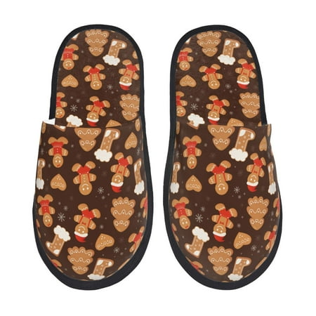 Balery Christmas Gingerbread Cookies Slient Indoor Furry Fleece Comfort House Shoes Soft Non-Slip Home Shoes Cotton slippers House Slippers-- Medium