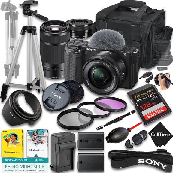 Sony ZV-E10 Mirrorless Camera International Version w/ 16-50mm & 55-210mm Lenses   128GB   Extra Battery   Case   Tripod (25-Pc Bundle)