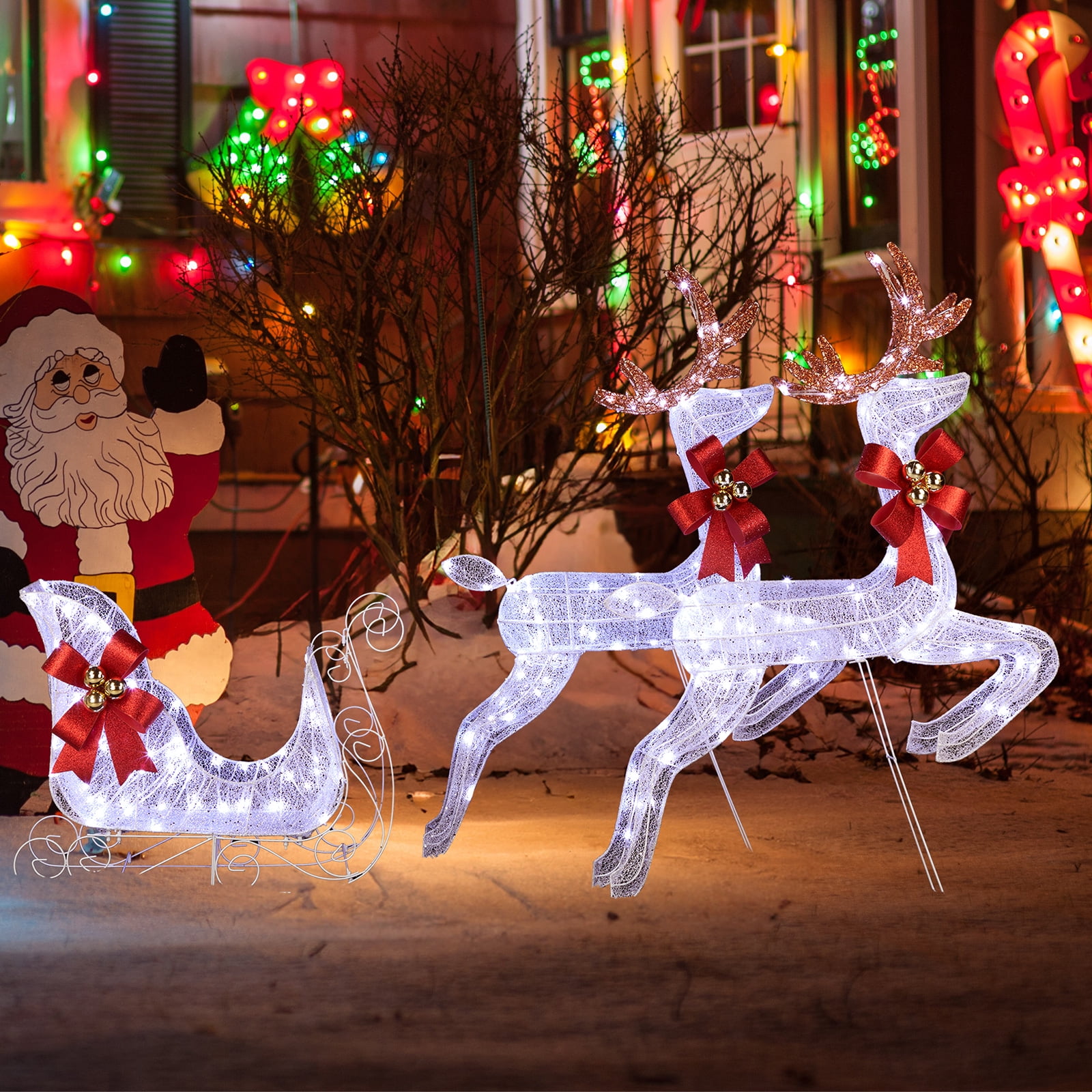 3PCS Lighted Set of 2 Reindeer & Sleigh, Weather Proof Christmas Outdoor Decorations with Pre-lit 270 LED White Lights and Stakes for Xmas Outdoor Holiday Indoor Decor Lighted Holiday Displays