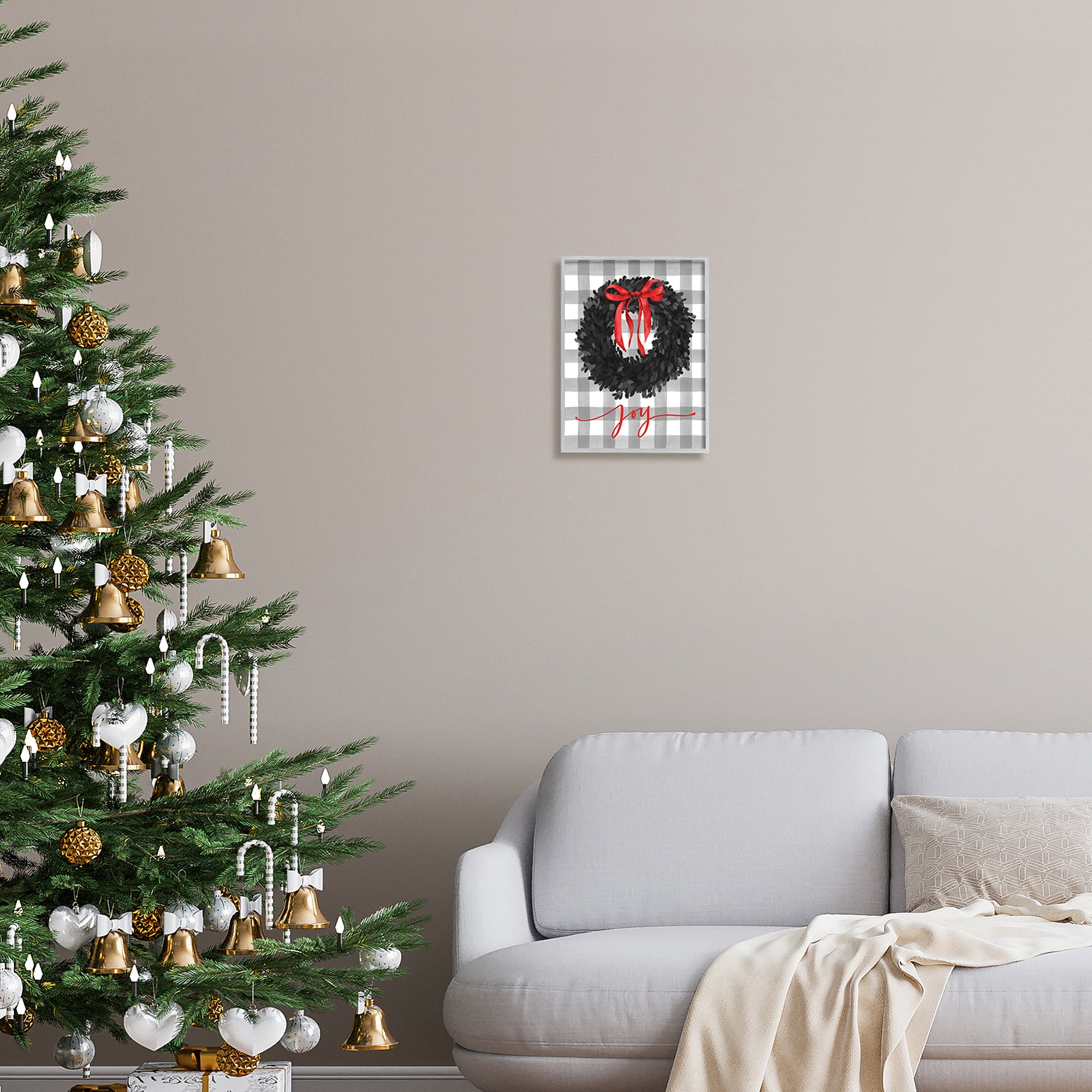 Joy Calligraphy Holiday Wreath Plaid Red Bow Botanical & Floral Graphic Art Framed Art Print Wall Art
