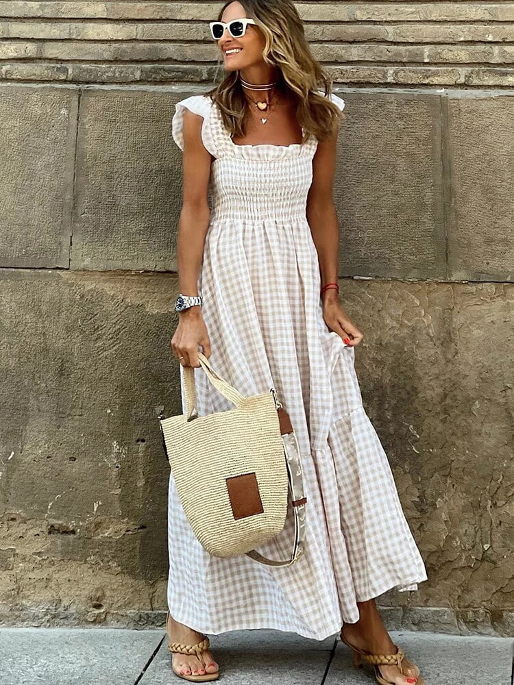 Casual Slash Neck Slip Maxi Dress Office Lady Spring Summer Fashion Elegant  Solid Plaid Sleeveless Dresses For Women 2023 white - Walmart.com