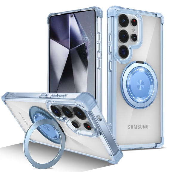 Dteck Clear Magnetic Case for Samsung Galaxy S26 Ultra,Shockproof TPU PC Anti-Yellow Case Compatible with Mag Safe 360°Rotatable Invisible Ring Stand Shockproof Cover,Blue