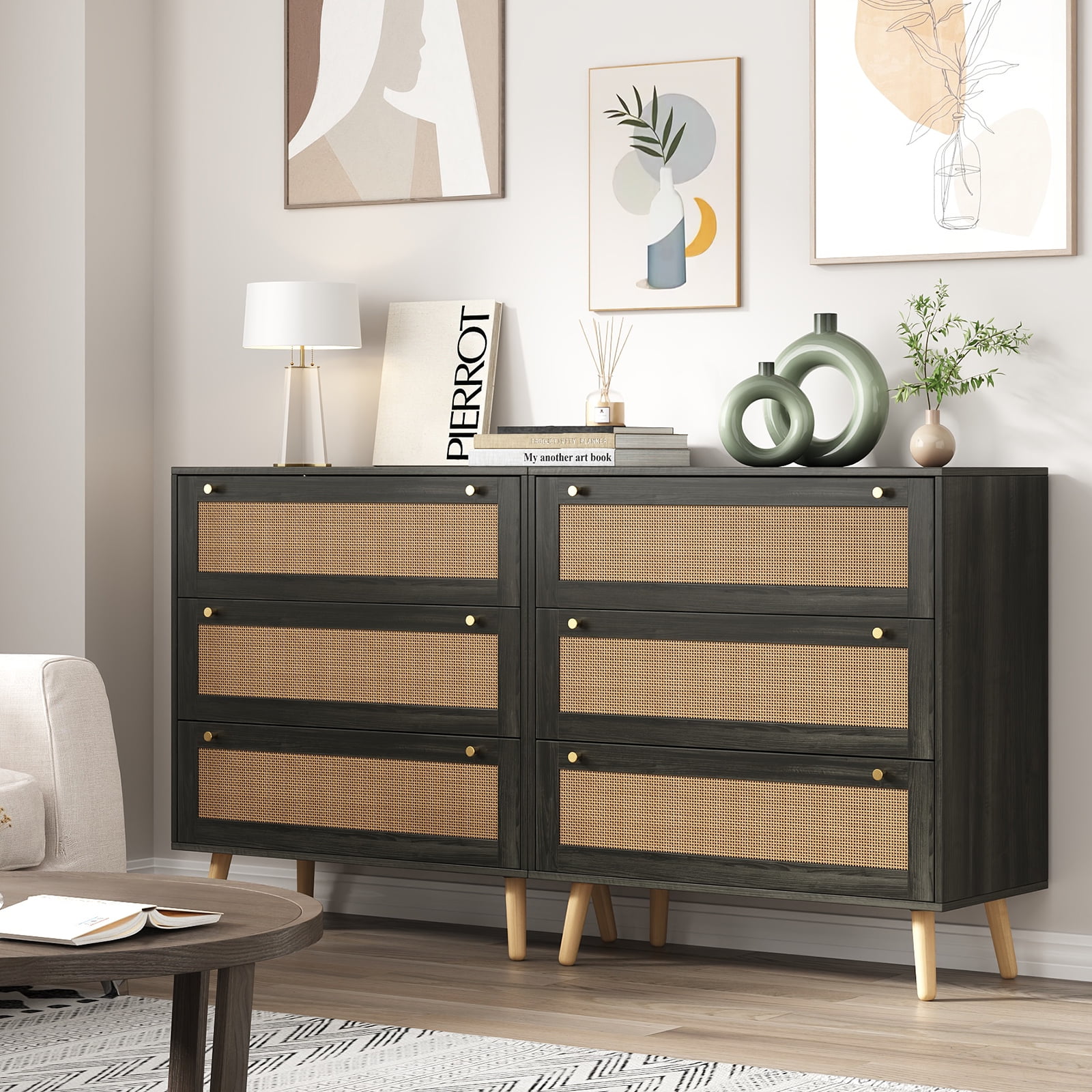 Dresser for Bedroom, 36'' Rattan Modern Chest of Drawers, 3 Drawer Storage Dresser, Closet Dressers with Golden Handles, Farmhouse Nightstand for Hallway, Living Room, Entryway