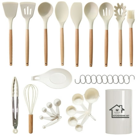 Kitchen 33-Pieces Silicone Cooking Utensils Set - 446°F Heat Resistant Utensils Baking Tools Accessories for Cooking, Kitchen, Spatula, Spoon, Brush, Whisk, Measuring Cups Non-Stick Friendly, White