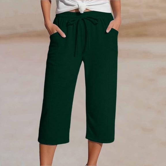 2026 New Cotton Capri Pants for Women Wide Leg Lightweight Summer Capris Casual Elastic Waist Beach Cropped Trousers with Pocket(Dark Green,S)