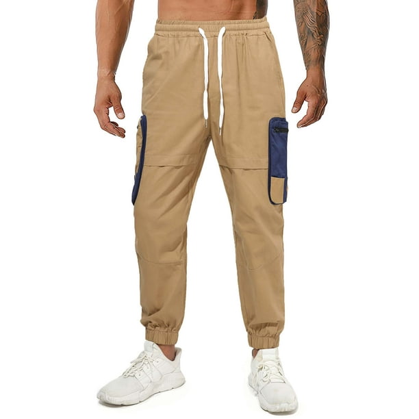 Camel Men Drawstring Waist Contrast Zipper Pocket Cargo Pants - Walmart.com