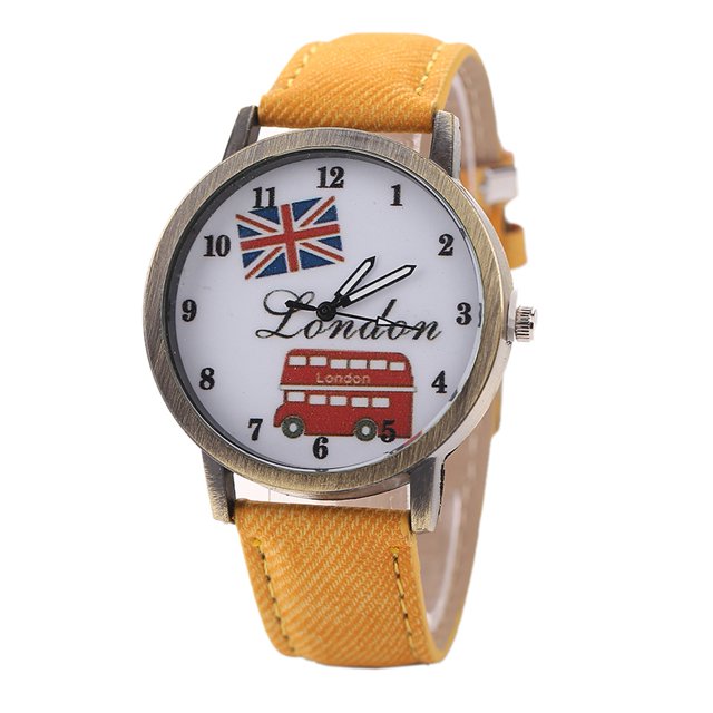Reloj de pulsera de cuarzo con correa de mezclilla para mujer con patrón de coche vintage de moda (amarillo)