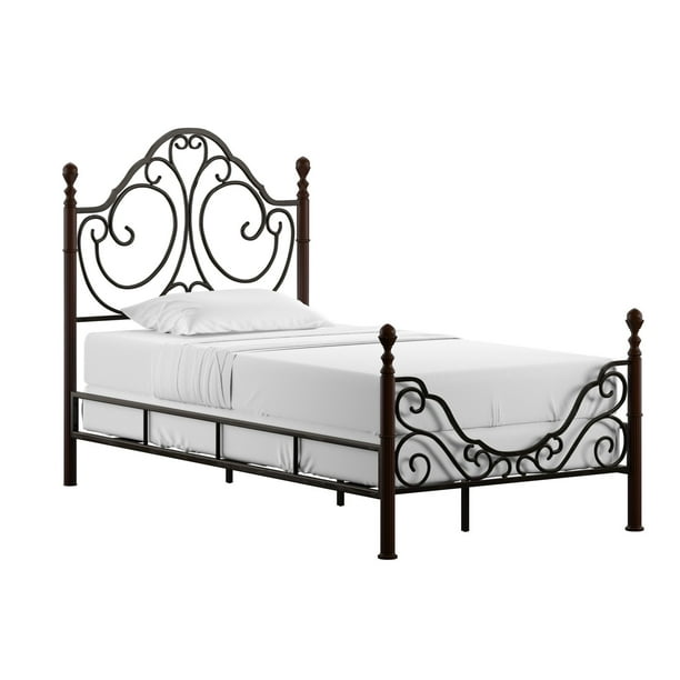 Twin Metal Poster Bed, Leann Graceful Scroll Bronze Iron Bed Frame